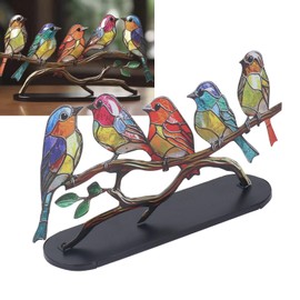 Stained Glass Birds On Branch, Metal Bird Series Decoration Multicolor Bird Series Detachable Art Ornaments for Display Decompression (5 Birds)