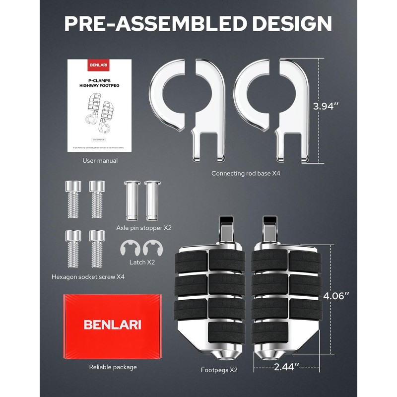 Benlari Highway Pegs P-Clamp, A3 Steel Motorcycle Foot Pegs Fit