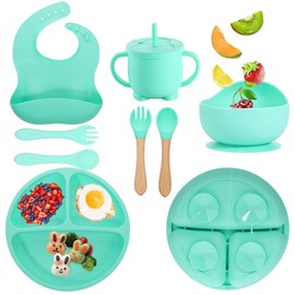 8PCS Vajillas Platos para Niños Silicona con Ventosas, Set Alimentacion Complementaria Niños Sin BPA Incluir Babero, Plato, Tazon y Cubiertosg Regalos