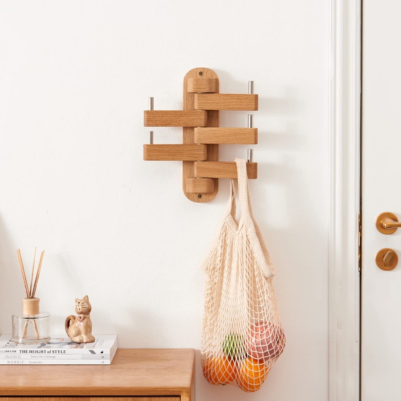 TREOAKWIS Oak Wood Coat Hooks, Coat Rack Wall Mount Swivel