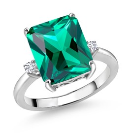 Gem Stone King 925 Sterling Silver 12X10MM Green Nano Emerald and 2MM White Lab Grown Diamond 3 Stone Engagement Ring For Women | 5.56 Cttw | Gemstone May Birthstone | Size 5