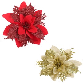 Surakey 24PCS Christmas Poinsettia Artificial Flowers Decorations 5.5" Christmas Tree Wreaths Garland Decoration 2 Colors, 12 Pcs of Each Glitter Flowers Decor with Clips & Stems for Xmas, Red Gold