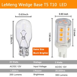LeMeng 3W T10 Wedge Base 921 LED Light Bulb,2700K Warm White,12VAC/DC Landscape Garden Patio Path Driveway Malibu,Automotive Car RV Camper Trailer Motorhome Marine Boat Dome Fixture Lighting-6 Pack