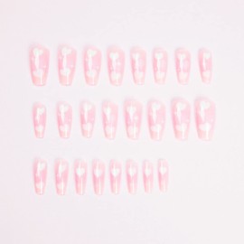 24 Pcs Press on Nails Heart Fake Nails Cute False Nails Long Coffin Full Cover Acrylic French Manicure for Women Girls (Heart Fake Nails-M)