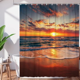 DuriLolly Beach Sunset Shower Curtain 71x71 inch Ocean Seaside Waves Hawaii Sunset Sunrise Tropical Nature Scenery Bathroom Curtains Set Polyester Waterproof Fabric Orange