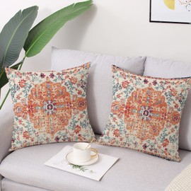 Gujiahone Outdoor Waterproof Pillow Covers 16X16 Inch Set of 2 Bohemian Vintage Carpet Pattern Pillow Covers Orange Blue Ethnic Design Decorative Farmhouse Pillow Covers for Couch Garden Balcony