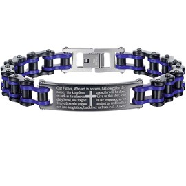 My Daily Styles Mens Motorcycle Bike Link Chain Lord's Prayer English Christian Cross Bracelet Size 8 Inch or Size 9 Inch (Blue, 9 Inch)