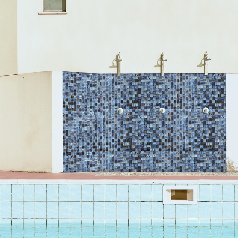 Mesh-Mounted Glass Mosaic Tile Backsplash, 12” x 12” Mixed Blue