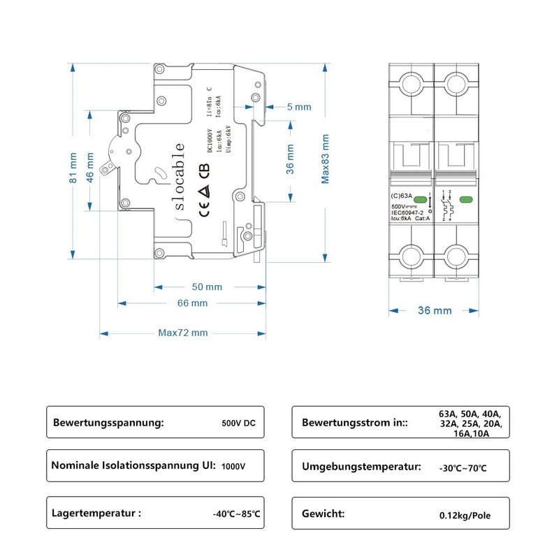 DC Circuit Breaker 2 Pole 500 V 16 A, DC