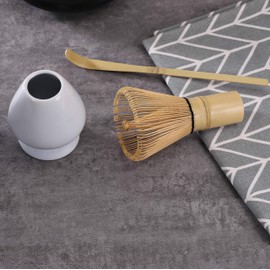 Urban Lifestyle Matcha Brush Set 3 (100 Bristles) with White Matcha Brush Holder Chasen Naoshi and Bamboo Spoon