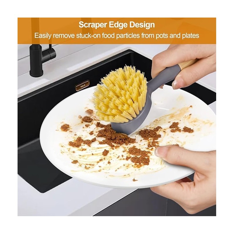 SOVYOULIVE 2 Pack Kitchen Dish Brushes with Bamboo Handle and