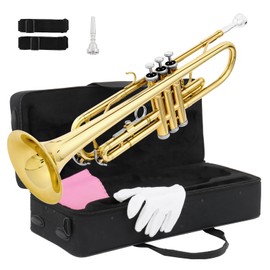 Ktaxon Bb Standard Trumpet for Beginners,Trumpet for Student with Hard Case,7C Mouthpiece,Cleaning Cloth,Gloves,Brass Instruments for Kids and Adults(Gold)