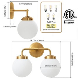 MonDaufie 2-Light Brushed Brass Vanity Light Fixture, Mid Century Wall Sconce with Milky White Spherical Globe Glass Lampshades, Decorative Mirror Front Wall Lamp for Bathroom & Dressing Table