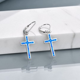 ONEFINITY Opal Cross Earrings 925 Sterling Silver Leverback Cross Dangle Drop Earring Blue Cross Religion Jewelry for Women