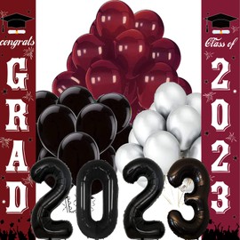 Graduation Party Decorations 2023 Burgundy Silver Black/Maroon Black Balloons 2023 Burgundy Black Graduation Decorations/Maroon Black Balloons/Class of 2023 Banners Yard Sign Congrats Grad