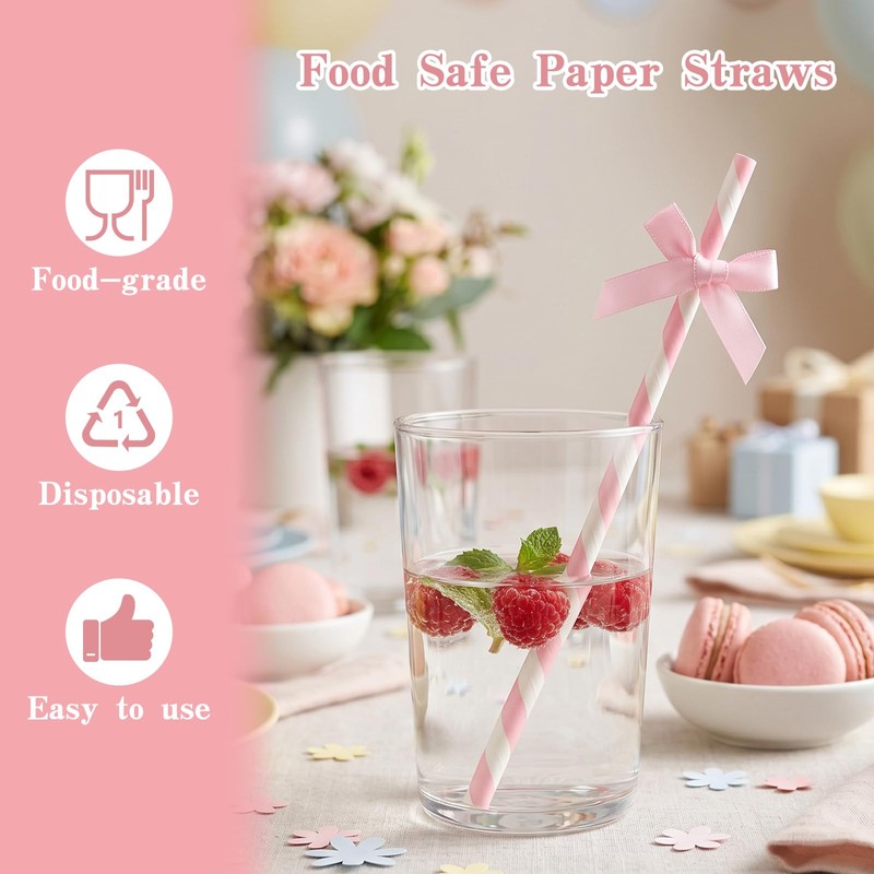 MYHOGOOD 30Pcs Pink Paper Straws, Lovely Pink Paper Straw for