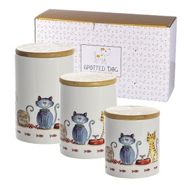 SPOTTED DOG GIFT COMPANY Ceramic Canister Set, 3-piece Kitchen Canisters for Counter, Cat Themed Coffee Tea Sugar Food Storage Containers with Airtight Lids, Pet Treat Jars, Gifts for Cat Lovers