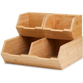 Bambition Bamboo Pantry Storage Bins for Veggies and Fruits, Set of 3 Pieces Stackable Potato and Onion Storage Baskets, Wood Produce Organizer for Pantry
