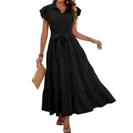 dowerme Women Summer Dress 2025 Cap Ruffle Sleeve V Neck Button Up High Waist Belted Tiered Boho Flowy Long Sun Dresses(Black,X-Large)