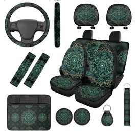 Hudotybom Green Mandala Car Seat Covers with Steering Wheel Cover, Boho Seat Belt Covers Cup Holder with Keychain, Mandala Automotive Protector Set Unverisal Fit Cars Van SUV Sedans Trucks, 14 Pcs