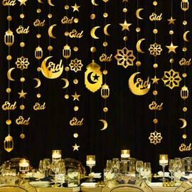 Gold Ramadan Decoration Eid Mubarak Star Moon Circle Dot Arabic Crescent Lantern Hanging Paper Garland Streamer Backdrop Banner for Islam Muslim Lesser Bairam Ramadan Kareem Eid Al Adha Party Supplies