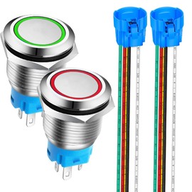 Gebildet 2 Pieces 19 mm Stainless Steel Short-Term Push Buttons 12V-24V 5A LED 1NO1NC SPDT ON Off Waterproof Momentary Push Buttons with Socket Plug (Red + Green LED)