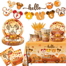 Hello Fall Tableware Decoration,142pcs Fall Theme Mouse Pumpkin Dinnerware Include Mouse Fall Plats Napkins Cups Plastic Fall Tablecloth for Thanksgiving Party Supplies(Serve 20)