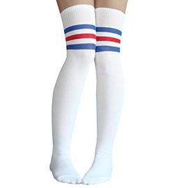 Chrissy's Socks Women's White/Royal Blue/Red Thigh High Striped Tube Socks