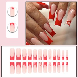 24 Pcs French Tip Fake Nails Valentines Press on Nails Long Coffin Acrylic False Nails Red Nail Tips Holiday Stick on Nails Full Cover Glue on Nails Artificial Nail Cute Heart Press on Nails for Women