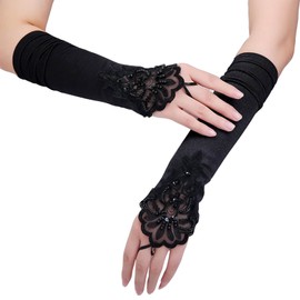 Acenail Black Gloves Long Satin Fingerless Gloves Beaded Flapper Gloves Elbow Length Gloves Evening Opera Party Gloves