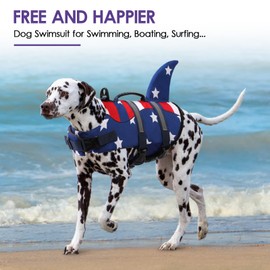 Bess Bridal Dog Life Jacket - Shark Life Vest for Swimming Boating - Reflective Lifejacket Swimsuit for Small Medium Large Dogs - High Buoyancy Lifesaver Preserver with Rescue Handle, USA Flag M