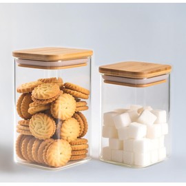 HomeyHoney 38 oz Glass Food Storage Jars with Airtight Lids, Clear Glass Jar with Bamboo Lid, Airtight Food Canister for Tea, Candy, Coffee, Sugar, Cookie, Snack. (Square | 5+6 Inch)