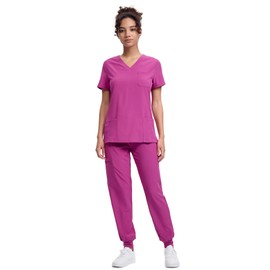 floralhue Scrubs for Women, V-Neck Scrubs Top & Cargo Pants, Scrubs Set with 10 Pockets, Yoga Waistband, 4 Way Stretch, Azalea Pink, L