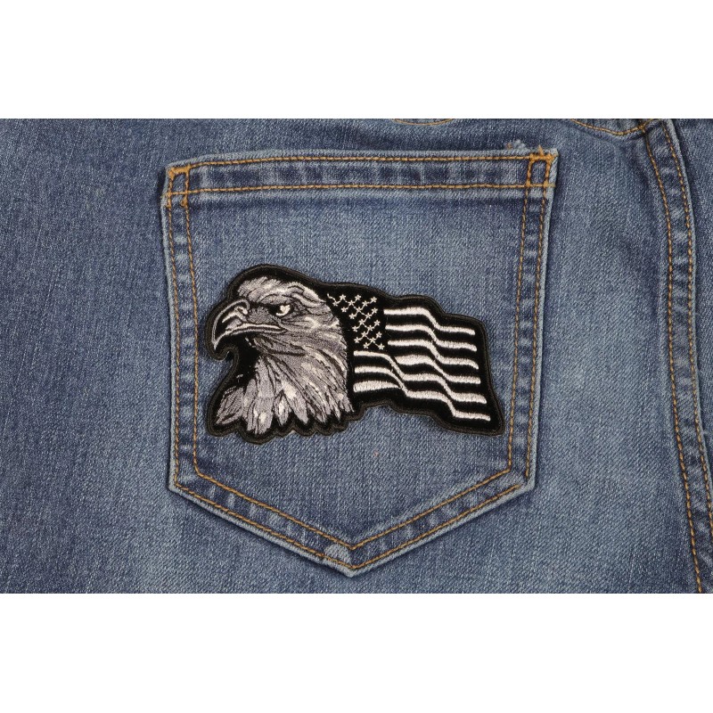 Ivamis Eagle With Waving Flag Black Silver Patriotic Iron on