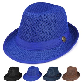 Initlove Mesh Fedora Hat for Men Short Brimmed Panama Hat Packable Trilby Hat Blue