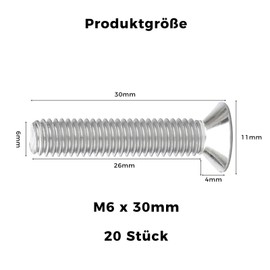 ORTAVA Countersunk Screws M6 x 30 mm, M6 Countersunk Screws Torx 304 Stainless Steel, Countersunk Screw with Hexalobular Socket/Torx (ISR/TX) According to ISO 14581 / DIN 965, for Machines, Appliances
