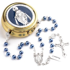 HanlinCC Blue Glass Pearl Beads Catholic Rosary Necklace for Women with Gold Miraculous Gift Box (Blue)