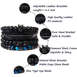 WAINIS Braided Leather Bracelets for Men Women Wrap Tiger Eye Lava Rock Beads Bracelet Woven Ethnic Tribal Rope Wristbands Bracelets Set Adjustable H
