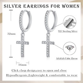 Loutade Silver Hoop Earrings for Women, 925 Sterling Silver Hoop Earrings with Cross Dangle, Minimalist Hypoallergenic CZ Cute Cross Charm Dangling Silver Huggie Earrings Trendy Jewelry for Girls