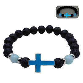 GYRMMUE Gothic Luminous Bracelet,Black Cross Bracelet Vintage Natural Volcanic Stone Bracelet Handmade Beaded Bracelet for Men (Blue)