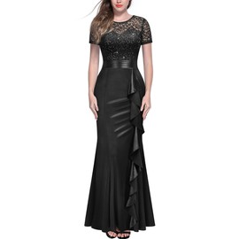 Miusol Women's Elegant Sequin Lace Contrast Ruffle Style Formal Evening Long Dress (X-Large, Black)