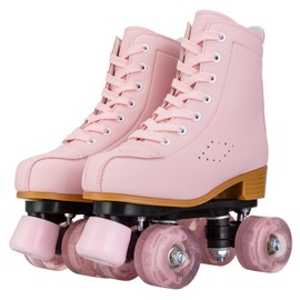 YYW High-top PU Leather Roller Skates for Women，Outdoor Roller Derby Skates for Unisex Beginners with Light up Wheels(Pink-40-Women 9/Men 7.8)