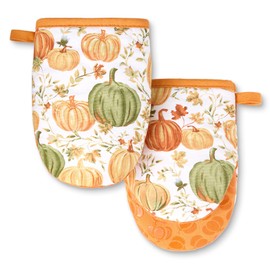 MARTHA STWEART Autumn Harvest Pumpkins Mini Oven Mitt 2-Pack Set, 100% Cotton with Decorative Non-Slip Silicone Grip, Heat Resistant, Orange/Green/Ivory, 5.5"X8"