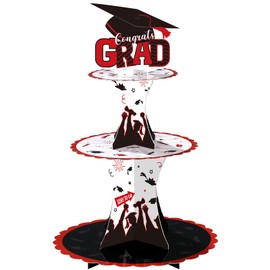 Nuenen Graduation Cupcake Holder Decoration 3 Tier Congrats Grad Party Cupcake Stand Tower Cardboard Grad Theme Dessert Stand for Graduation Party Supplies Favors(Red and Black)