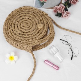 MaoXinTek Straw Beach Bag Summer Round Vintage Handmade Shoulder Bag Circle Bohemian Shoulder Bags for Women Travel Holiday (Brown), brown