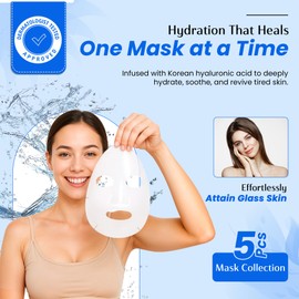 Bio Hydratique Hyaluronic Acid Melting Face Mask - Dermatologist Tested, Ultra Hydrating, Cooling & Soothing - Glass Dewy Skin Effect – Clean Beauty, Anti-Aging Korean Skin Care – Pack of 5