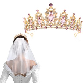 RGHSZ Gold Crown and Wedding Veil Set Crown Headband Pink Tiara Wedding Crown for Bride Pink Crown Bachelorette Veil Wedding Veil Headband Tiara Adult for Bachelorette Wedding Party Anniversary