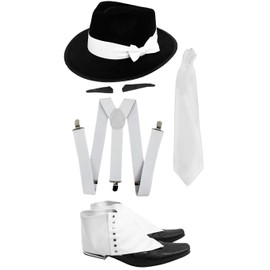 ADULTS GANGSTER SET FANCY DRESS ACCESSORY COSTUME KIT - WHITE BRACES + WHITE TIE + SPIV TASH + SPATS + BLACK TRILBY FEDORA HAT - PERFECT FOR FANCY DRESS PARTIES