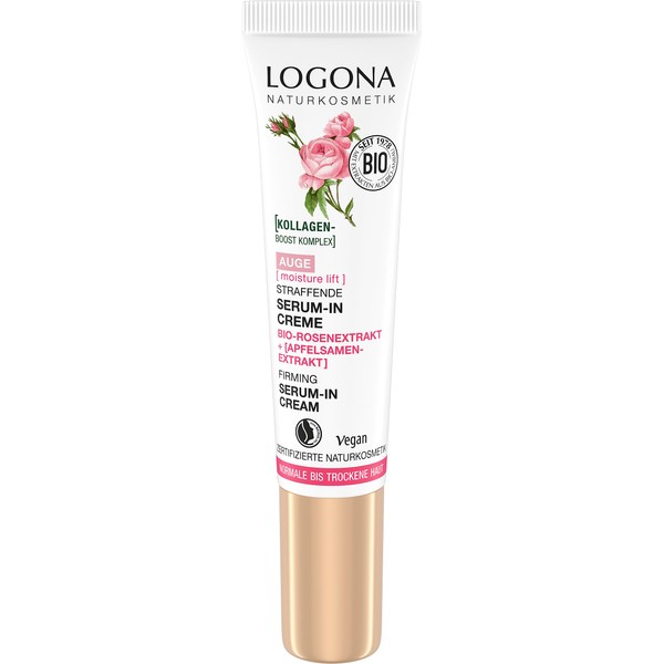 Logona Natural Cosmetics Firming Serum-In Cream Eye Cream, Moisturising Cream for a Smoothed Eye Area, Vegan Eye Care with Collagen and Organic Rose Extract, Moisture Lift, 15 ml