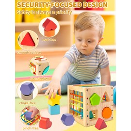 AMAWOOD Montessori Toy for 1 Year Old, Shape Sorter for Toddlers 1-3, Wooden Shape Sorting Cube with 8 Rattling Blocks Baby Toys 12-18 Months, Educational Learning Toy, Best Gift for 1+ Boy Girl